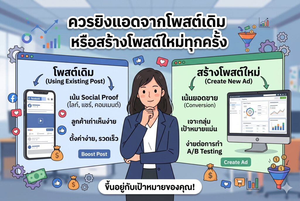 ยิงแอดจากโพสต์เดิม, สร้างโพสต์ใหม่, โฆษณาเฟสบุ๊ค, การตลาดออนไลน์, เพิ่มยอดขาย