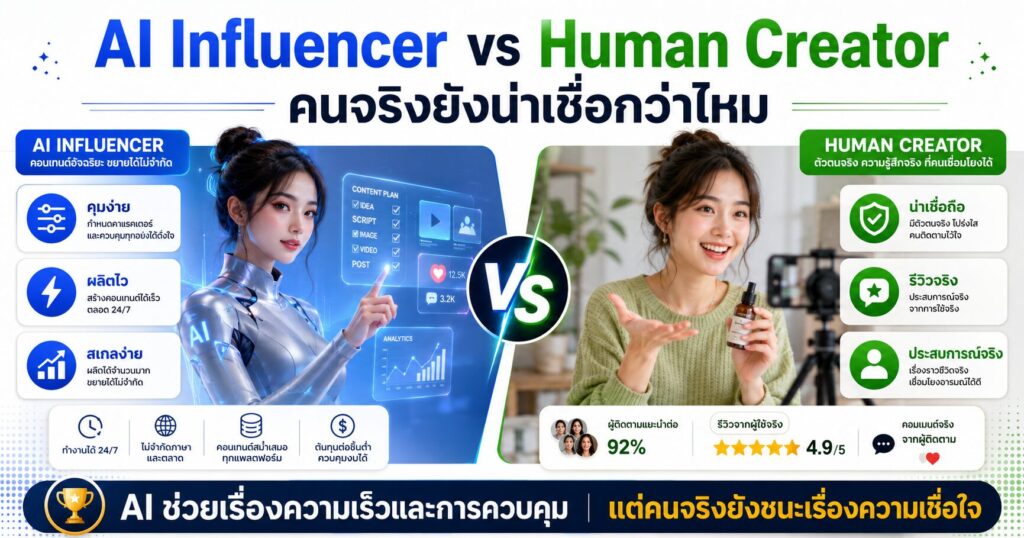 AI Influencer vs Human Creator, AI Influencer, Human Creator, Influencer Marketing, การตลาดออนไลน์