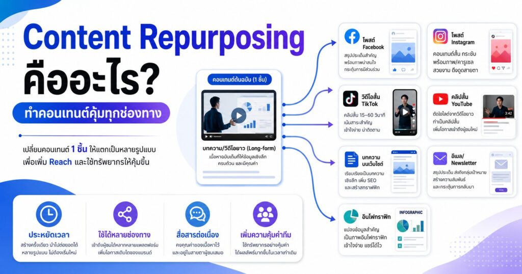 Content Repurposing, ระบบแตกคอนเทนต์, ทำคอนเทนต์หลายช่องทาง, Content Marketing, ธุรกิจทีมเล็ก