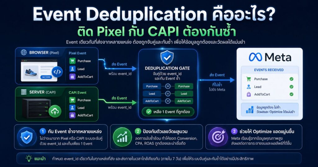 Event Deduplication, Event Deduplication คืออะไร, Meta Pixel, Conversions API, Facebook Ads Tracking