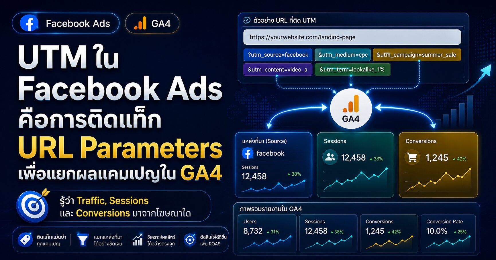 UTM ใน Facebook Ads URL Parameters GA4 utm_source utm_campaign และการวัดผลแคมเปญ